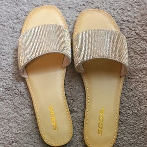 Soda Gold-Tone Jeweled Slide Sandals
